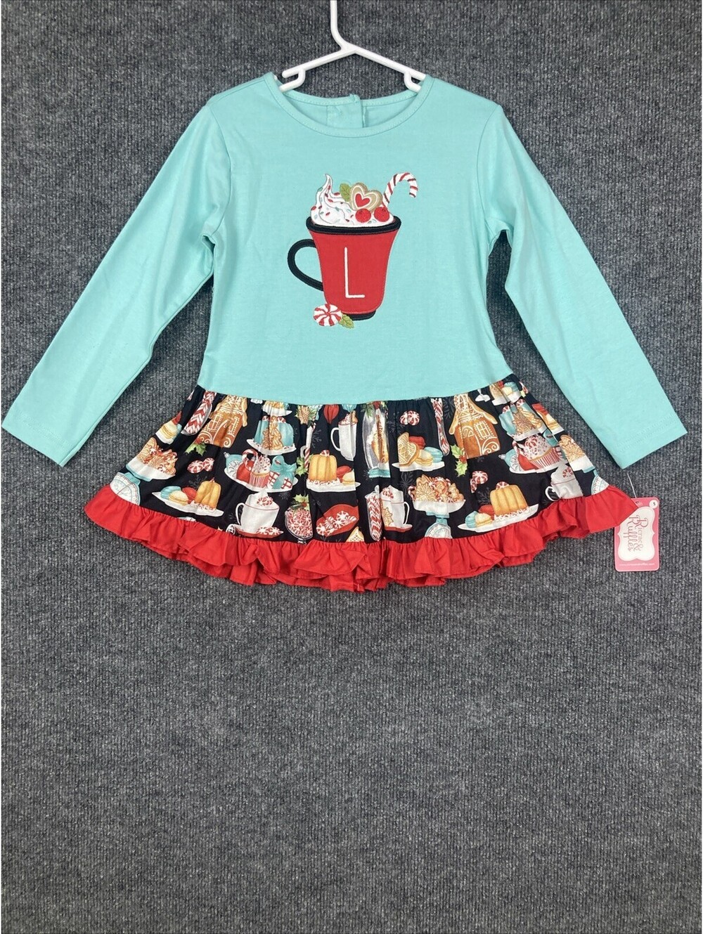 Ricrac & Ruffles Girls Size 5 Blue L/S Monogrammed “L” Peppermint Cafe Dress NWT